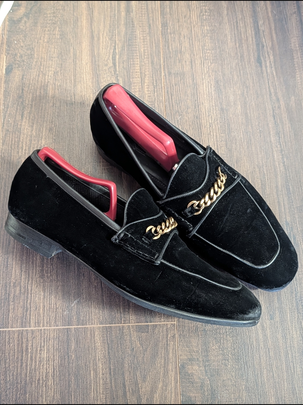 Tom Ford Black Velvet + Leather Loafers with Gold Chain Accent Italy Mens Sz 9